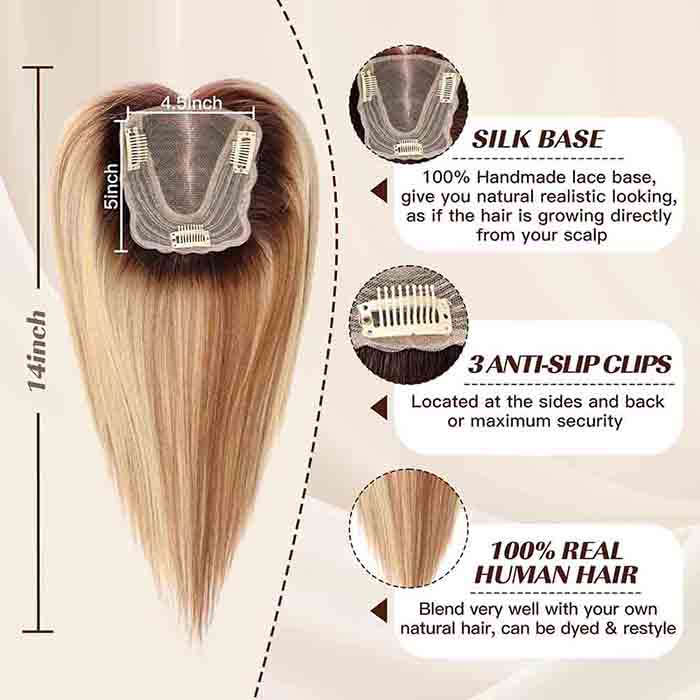 Ombre Light Blonde 100% Real Human Hair Toppers for Women No bangs